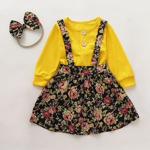 Children Kids Girls Yellow Shirt + Floral Suspende